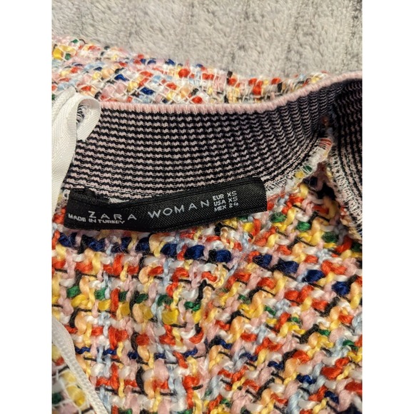 Zara Woman Woven Top Sz XS Pink Multicolor Contrast Trim Fringe Tweed - Picture 4 of 8
